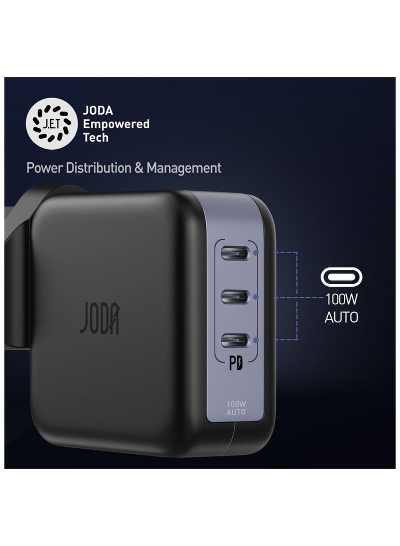 JODA High-performance 100W wall charger with 3 PD ports, capable of charging multiple devices simultaneously. Powered by GaN technology for efficient energy use and a compact - Image 2
