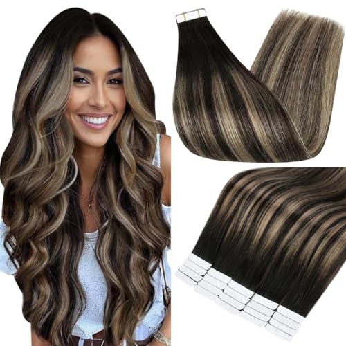 Full Shine Tape in Hair Extensions Human Hair Color 1B271B Black with Blonde Extensions Tape in 20PCS Double Sided Tape ins Human Hair Extensions 50grams Remy Extensions 22 Inch Add Volume