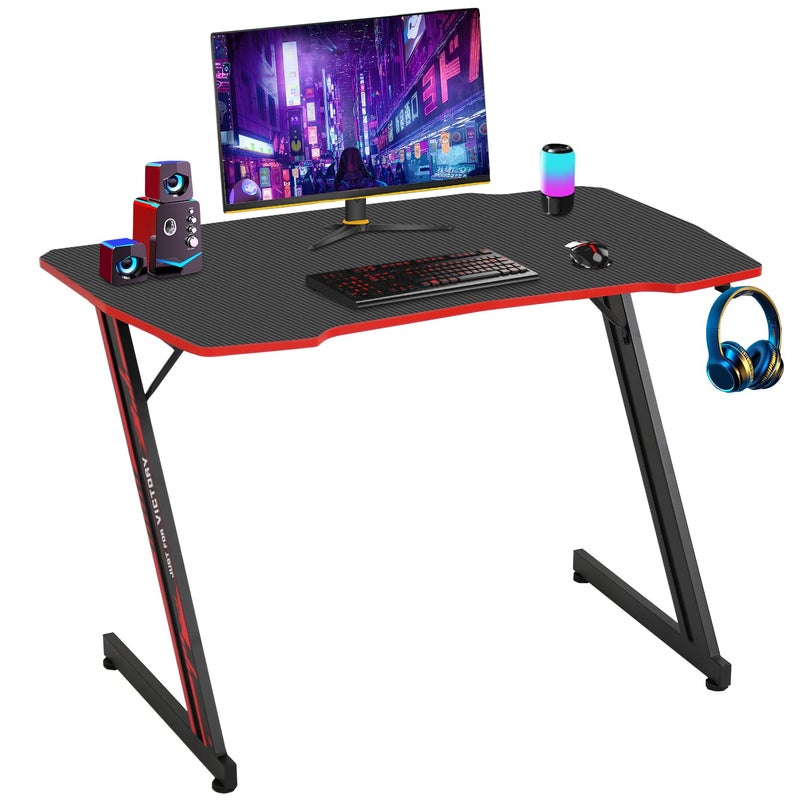 BestOffice 39" Gmaing Desk Computer Gaming Desk Z Shaped Gaming Workstation Ergonomic Gaming Table with Headphone Hook for Game Players (Red) - Image 1