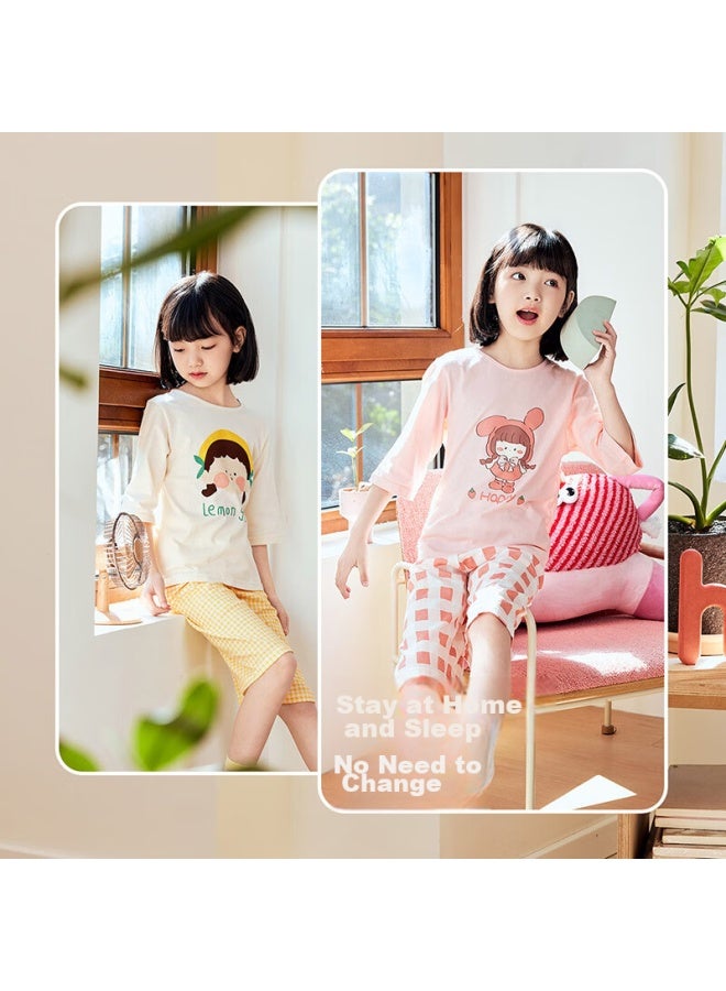 Dingguagua Children's Home Wear Set, Girls' Three-quarter Sleeve, For Older Children, Breathable Pajamas, Summer Thin Pure Cotton, Yellow, Size 160