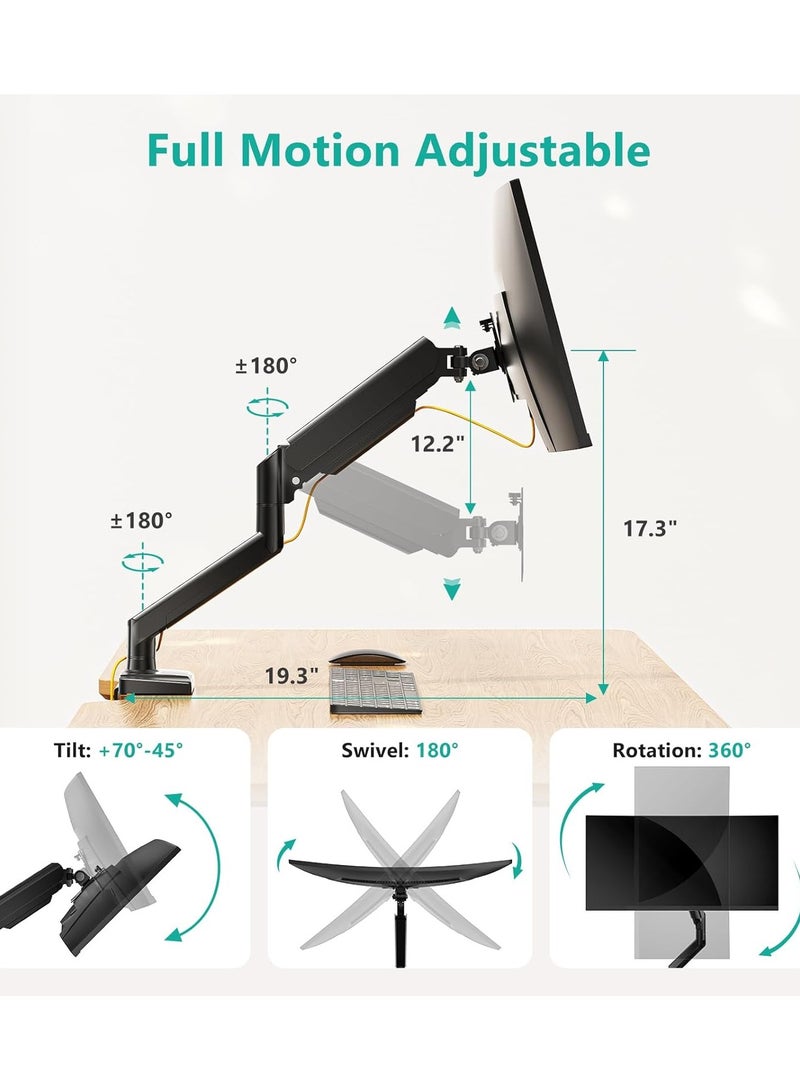 Single Monitor Mount, Gas Spring Monitor Arm for 17-34 inch Screens, Adjustable Computer Monitors Stand, with Clamp and Grommet Base, Black  - Image 3