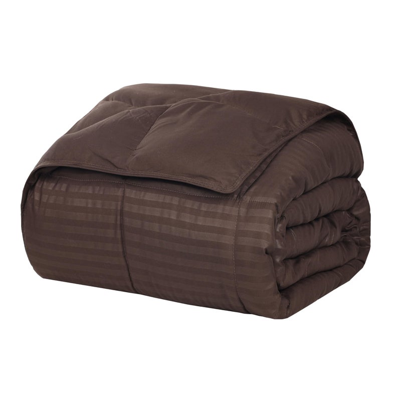 Superior Reversible Down Alternative Blanket Bed Blanket and Oversized Throw Blanket with Silky Soft Striped Shell King Bed Chocolate
