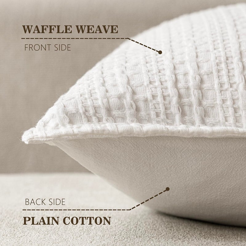 Foindtower Foindtower Set of 2 Decorative Cotton Waffle Weave Throw Pillow Covers Euro Shams Cushion Covers Accent European Pillowcase for Bed Couch Sofa Bedroom Living Room Home Decor 18?18 Inch Cream White  - Image 2
