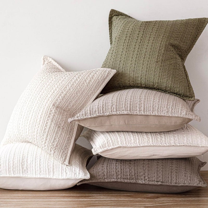 Foindtower Foindtower Set of 2 Decorative Cotton Waffle Weave Throw Pillow Covers Euro Shams Cushion Covers Accent European Pillowcase for Bed Couch Sofa Bedroom Living Room Home Decor 18?18 Inch Cream White  - Image 5
