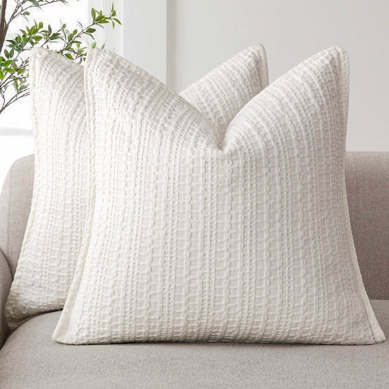 Foindtower Foindtower Set of 2 Decorative Cotton Waffle Weave Throw Pillow Covers Euro Shams Cushion Covers Accent European Pillowcase for Bed Couch Sofa Bedroom Living Room Home Decor 18?18 Inch Cream White  - Image 1