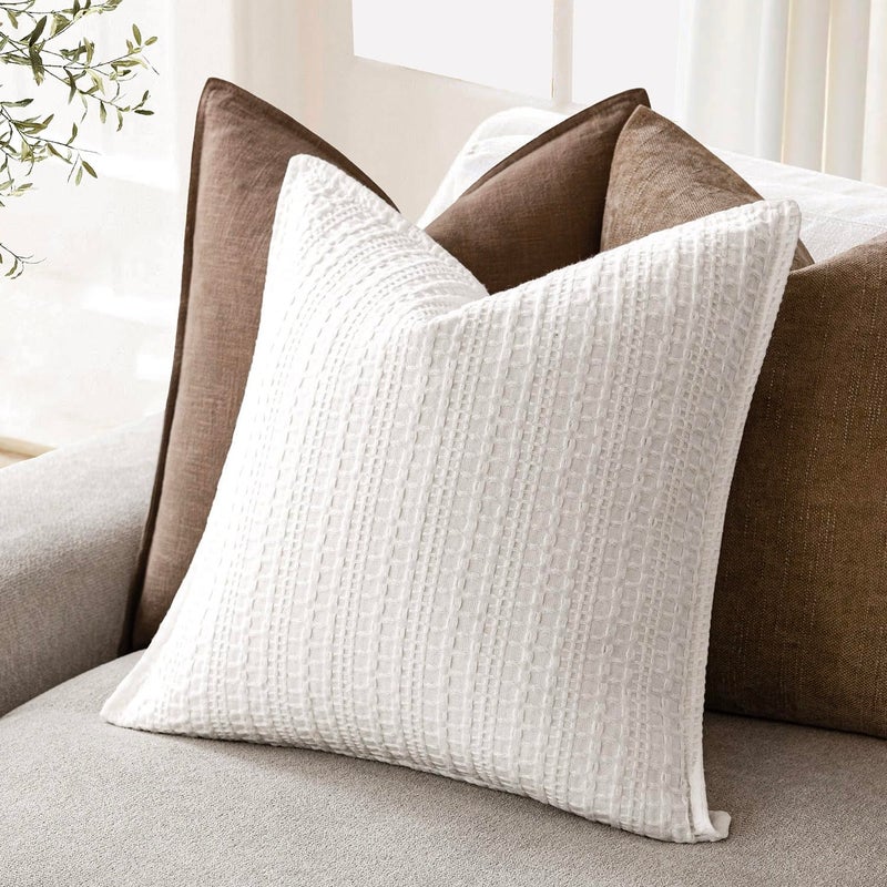 Foindtower Foindtower Set of 2 Decorative Cotton Waffle Weave Throw Pillow Covers Euro Shams Cushion Covers Accent European Pillowcase for Bed Couch Sofa Bedroom Living Room Home Decor 18?18 Inch Cream White  - Image 4