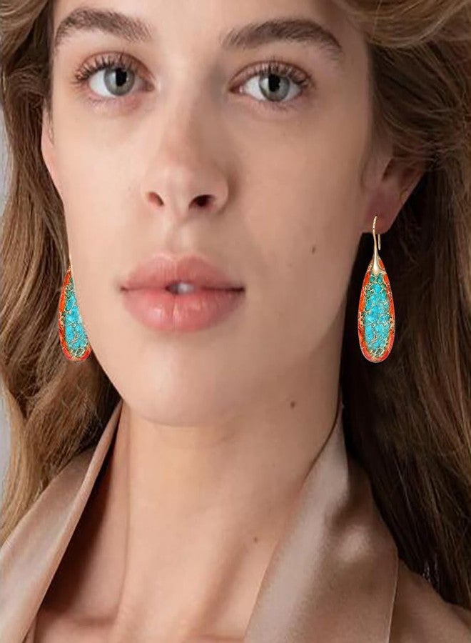 Wovanoo Natural Stone Earrings Waterdrop Stone Dangle Earrings for Women Orange Blue Gold - Image 2