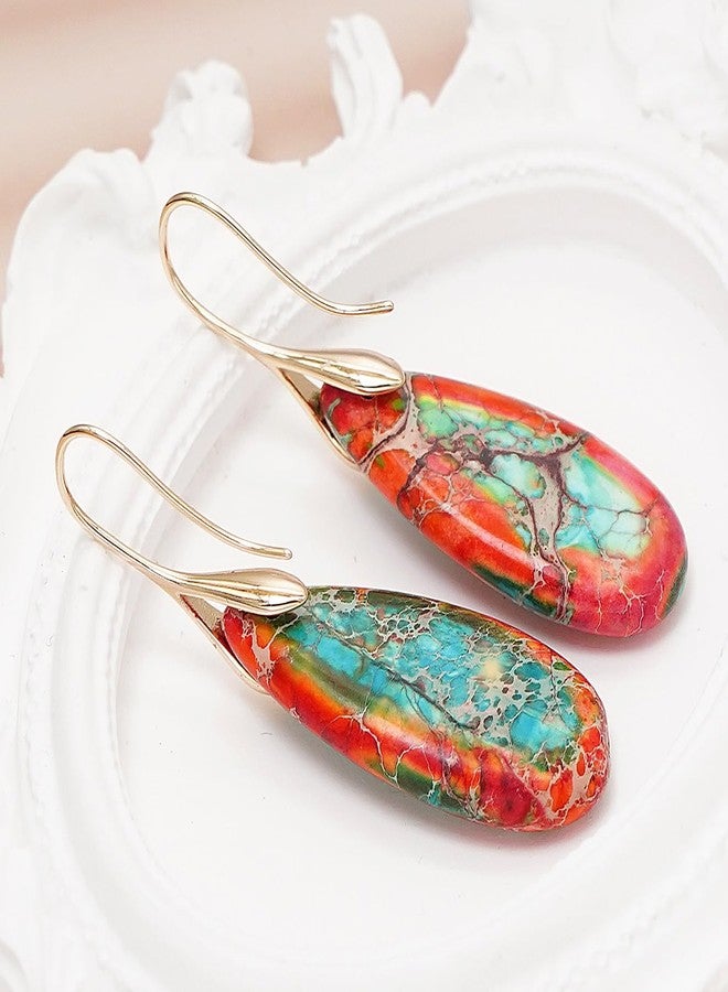 Wovanoo Natural Stone Earrings Waterdrop Stone Dangle Earrings for Women Orange Blue Gold - Image 5