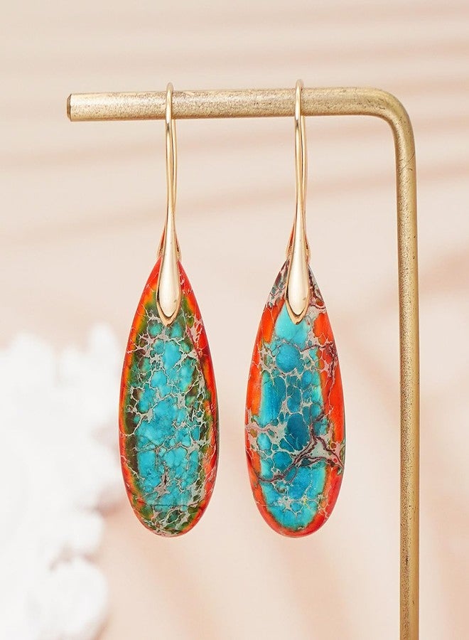 Wovanoo Natural Stone Earrings Waterdrop Stone Dangle Earrings for Women Orange Blue Gold - Image 4