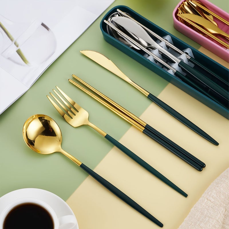 4pcs Stainless Steel Cutlery Set Green Silvery Glossy Polished Thickened Portuguese Pointed Handle Knife Chopsticks Spoon Fork Portable Box For Student Outdoor Picnic - Image 5