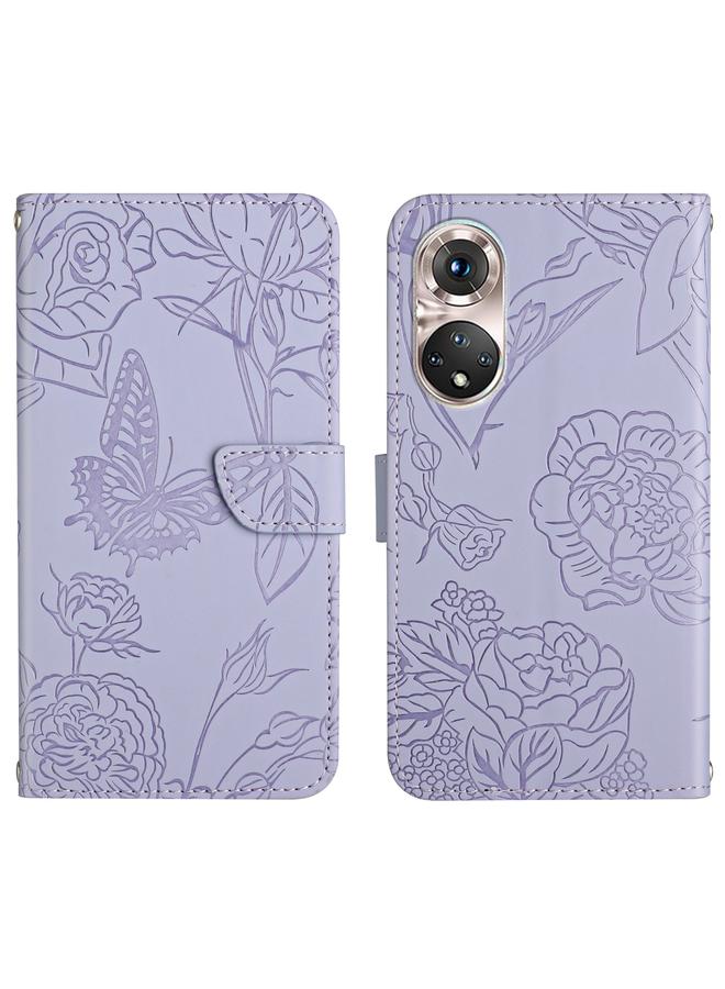 زبون جراب هاتف Huawei P50 من الجلد المنقوش بنقشة زهور الفاوانيا على شكل فراشة - Image 1