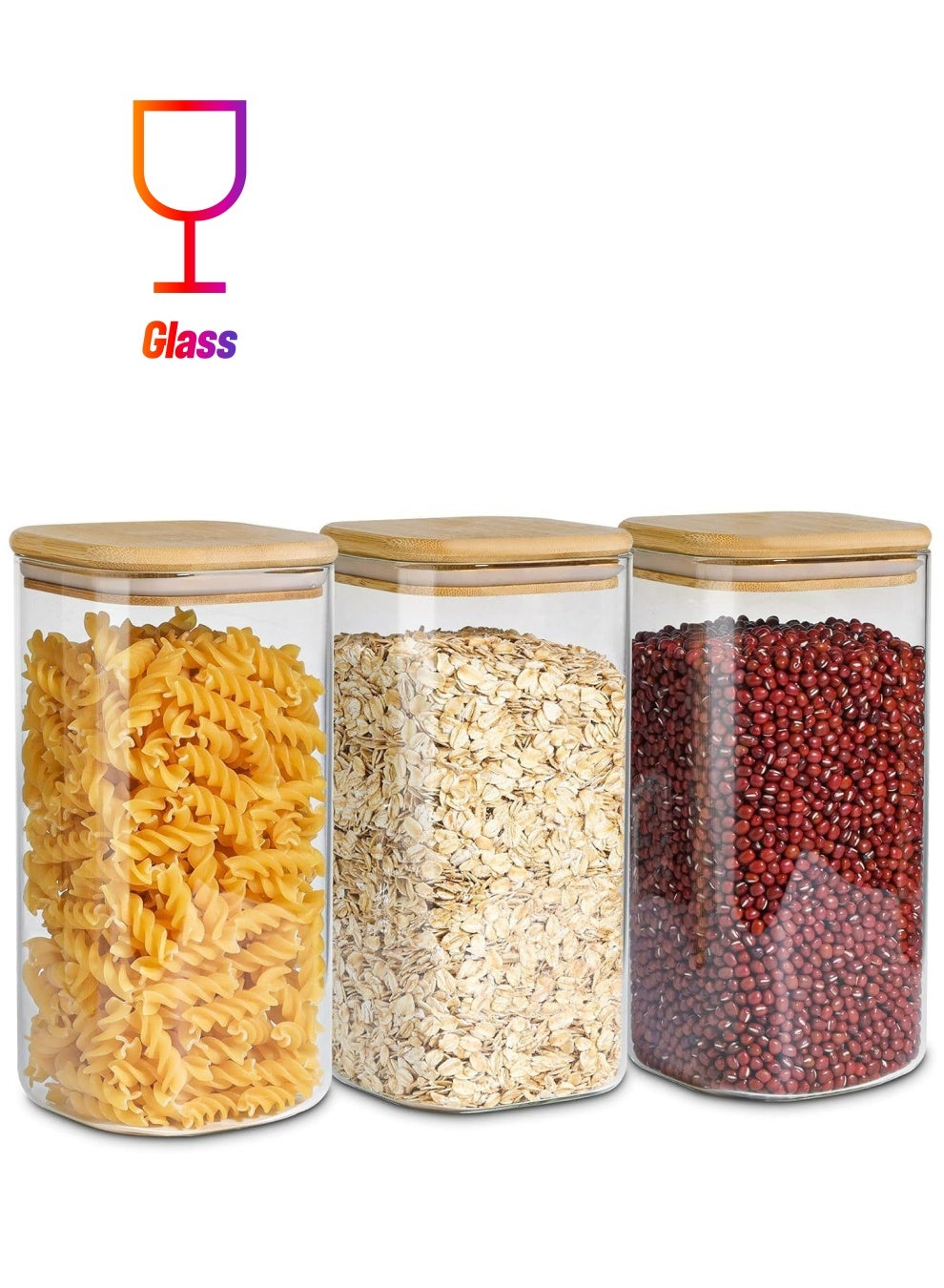 3-Piece Set of Square Glass Storage Jars with Wooden Lids, 1500ML/51OZ Airtight Food Containers, Preservation Jars & Storage Boxes for Pasta, Flour, Grains, Spices, Tea, Coffee Beans, & Other Kitchen Staples - Perfect for Long-Term Food Preservation & Organization