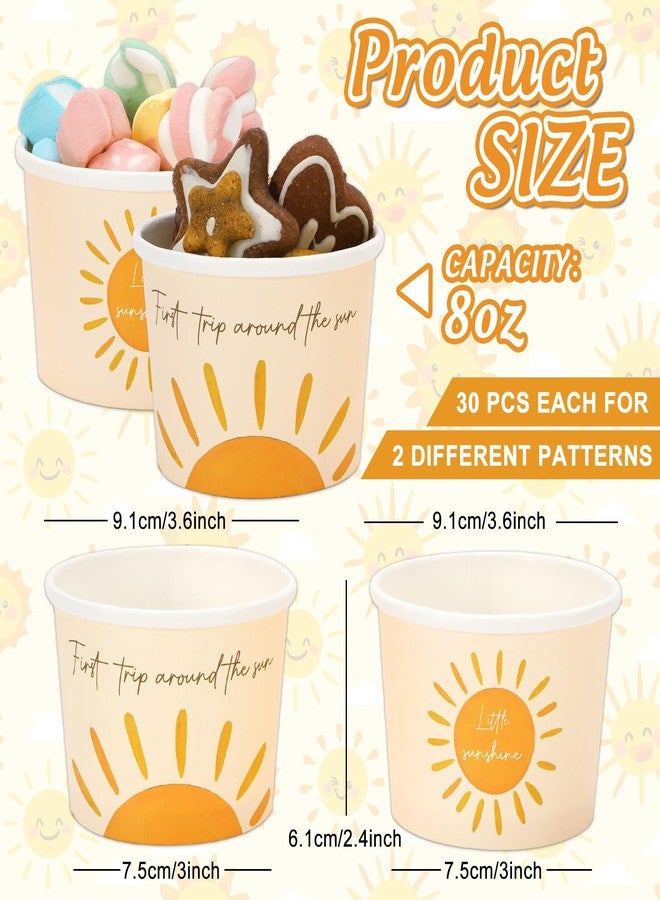 Whaline 60Pcs Summer Boho Sun Paper Snack Cups 8oz First Trip Around The Sun Disposable Paper Bowls Boho Hippie Sunshine Dessert Bowls Ice Cream Bowl for Hot Cold Food Birthday Baby Shower Party Decor - Image 2