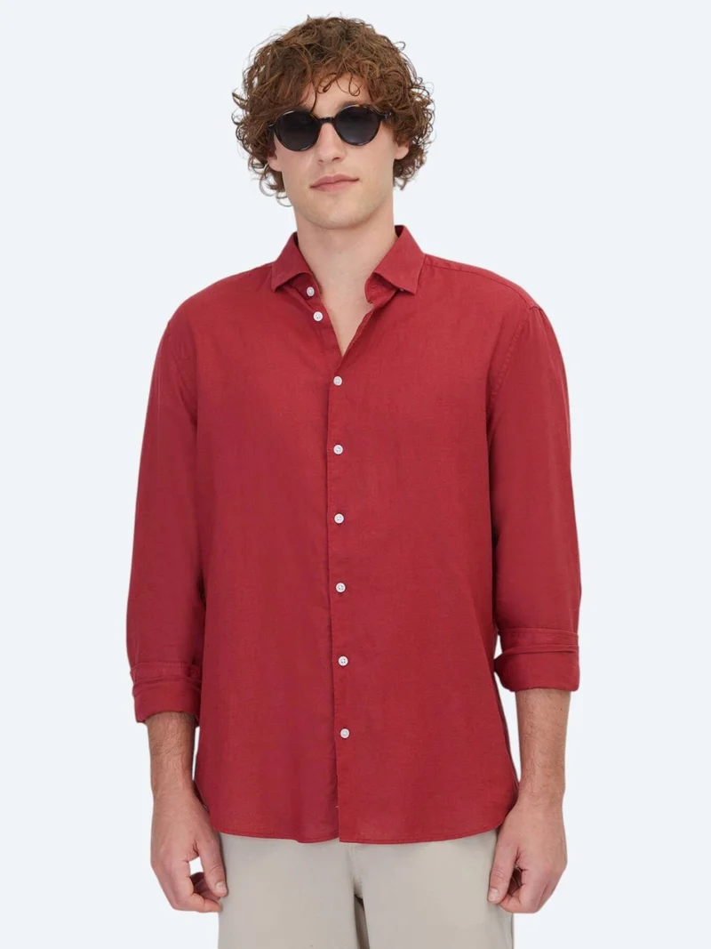 Kip Burgundy Plain Regular Fit Long Weaving Casual Cotton Blended Shirt