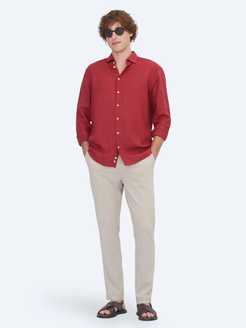 Kip Burgundy Plain Regular Fit Long Weaving Casual Cotton Blended Shirt