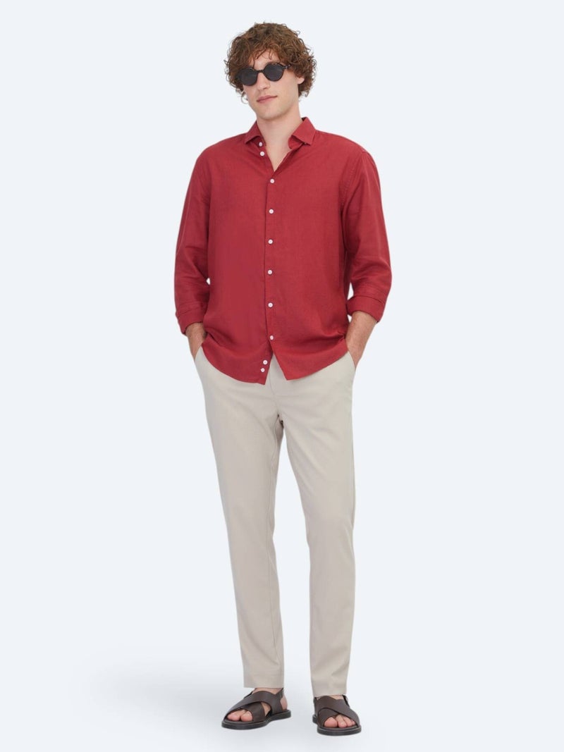 Kip Burgundy Plain Regular Fit Long Weaving Casual Cotton Blended Shirt - Image 2