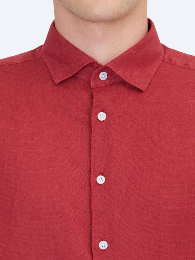 Kip Burgundy Plain Regular Fit Long Weaving Casual Cotton Blended Shirt - Image 4