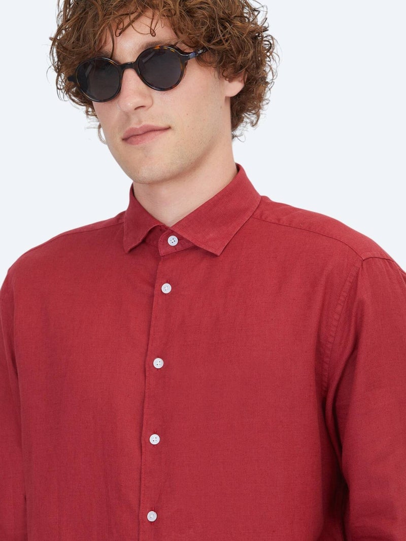 Kip Burgundy Plain Regular Fit Long Weaving Casual Cotton Blended Shirt - Image 3