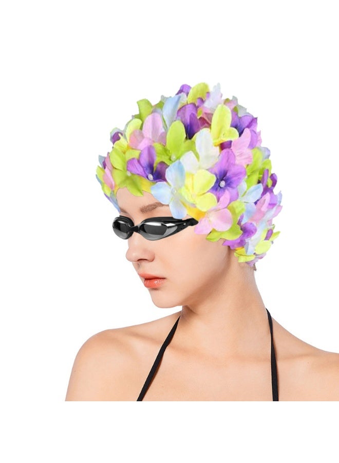 قبعة سباحة نسائية للسباحة بتلات الزهور للفتيات، قبعة سباحة ريترو للشعر الطويل/القصير - Image 1