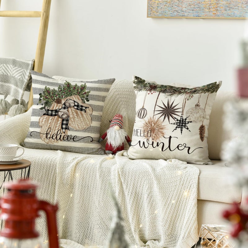 AVOIN colorlife AVOIN colorlife Merry Christmas Balls Eucalyptus Holly Berries Gloves Throw Pillow Covers  18 x 18 Inch Xmas Winter Holiday Grey Stripes Cushion Case Decoration for Sofa Couch Set of 4  - Image 5