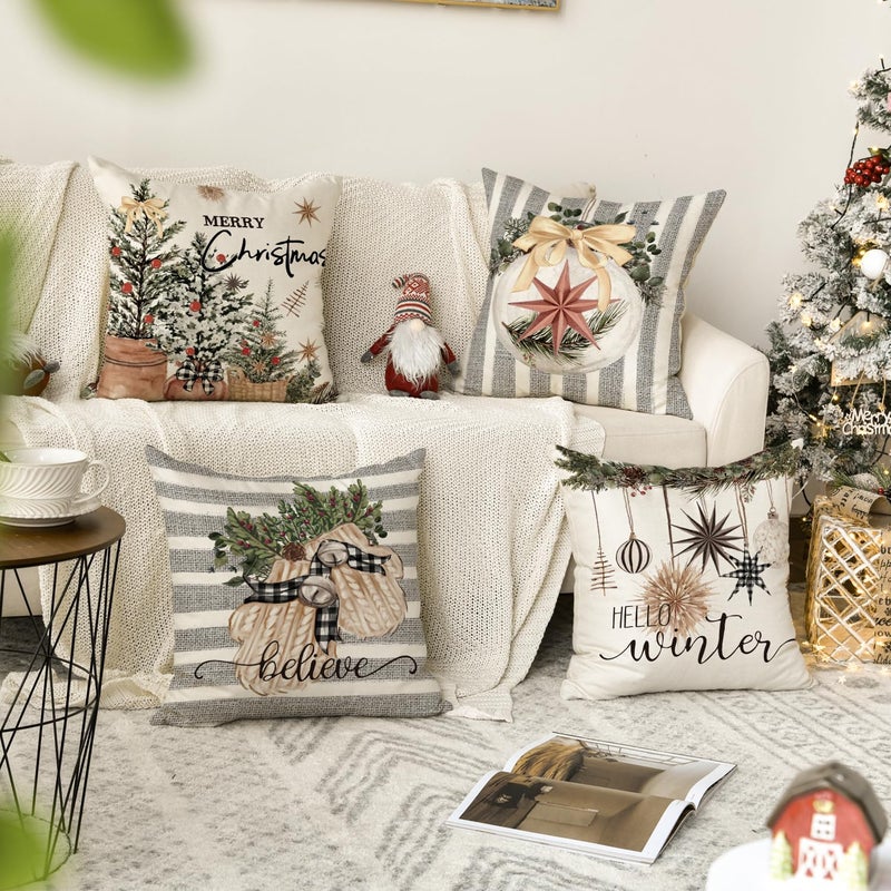AVOIN colorlife AVOIN colorlife Merry Christmas Balls Eucalyptus Holly Berries Gloves Throw Pillow Covers  18 x 18 Inch Xmas Winter Holiday Grey Stripes Cushion Case Decoration for Sofa Couch Set of 4  - Image 2