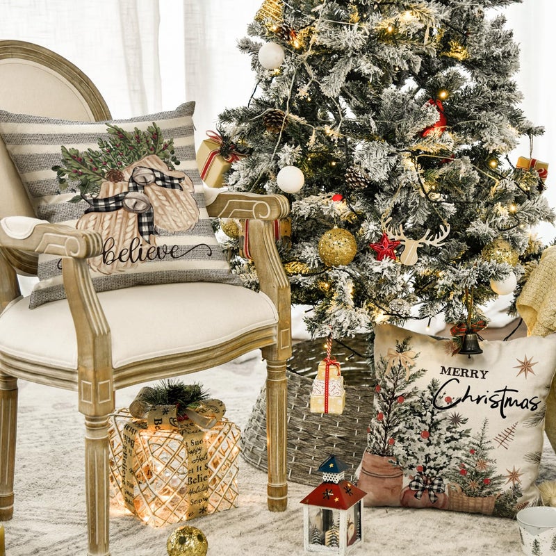 AVOIN colorlife AVOIN colorlife Merry Christmas Balls Eucalyptus Holly Berries Gloves Throw Pillow Covers  18 x 18 Inch Xmas Winter Holiday Grey Stripes Cushion Case Decoration for Sofa Couch Set of 4  - Image 3