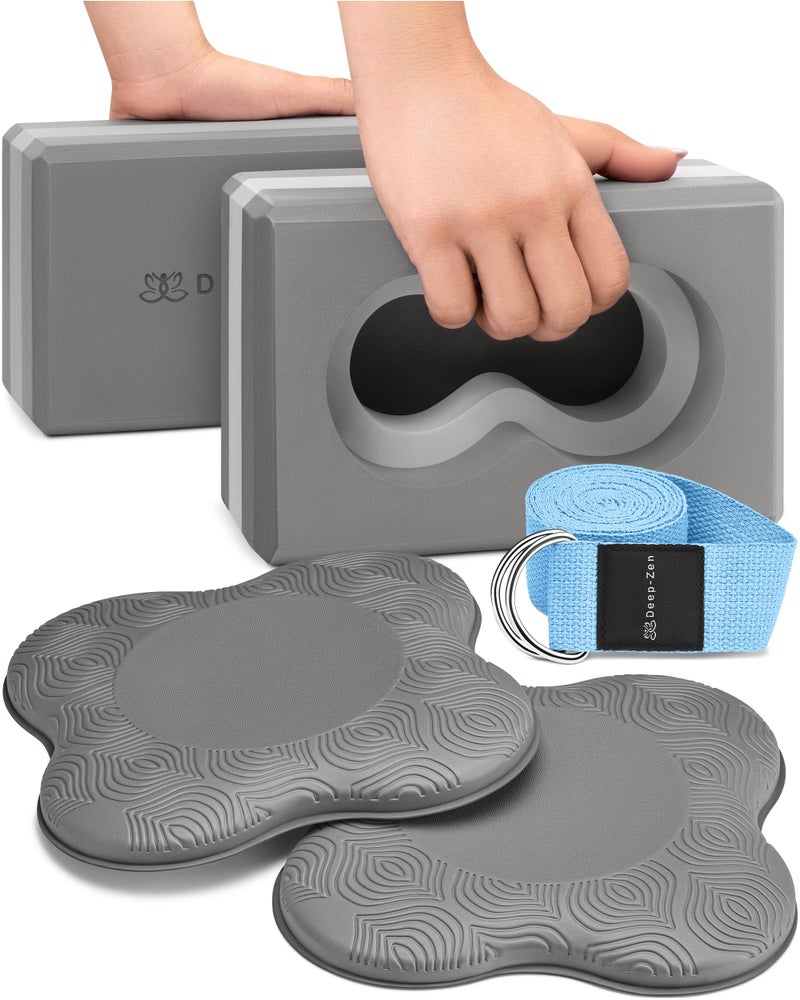 Deep-ZenÂ® Yoga Blocks Wrist Support; Yoga Blocks 2 Pack with Knee Pads and Strap to Put Less Weight on Wrists; Durable, Versatile Yoga Brick Exercise Block Set, Blocks Yoga (Grey) - Image 1