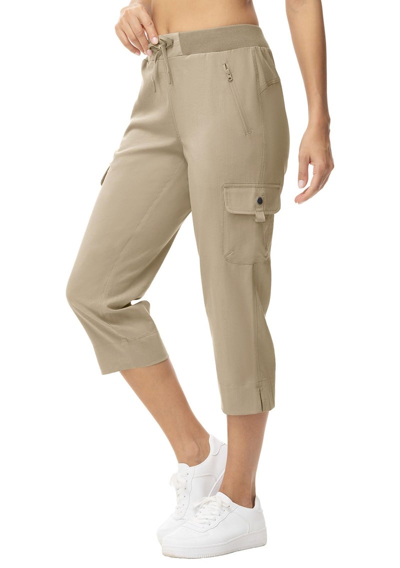 YSENTO Womens Cargo Hiking Joggers Casual Summer Travel Pants Quick Dry Travel Running Capris Zip Pockets Grey Khaki XL - Image 2