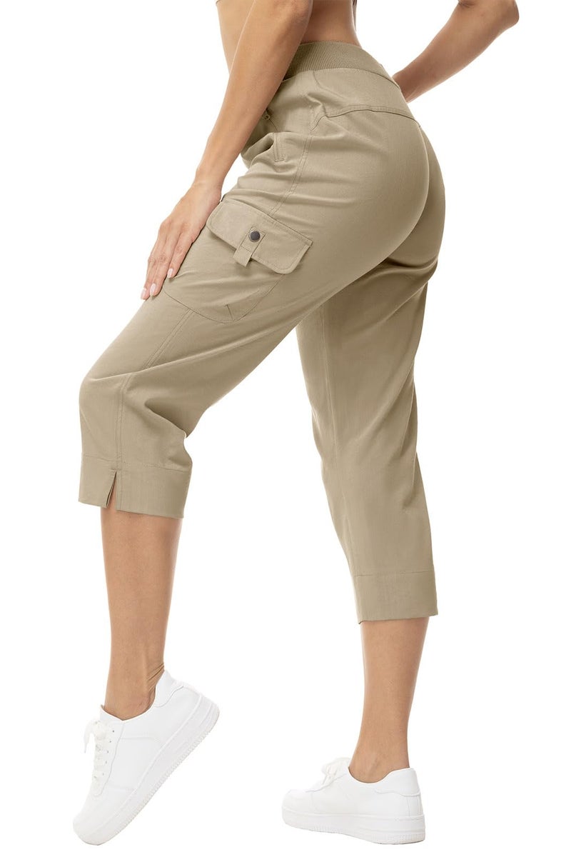 YSENTO Womens Cargo Hiking Joggers Casual Summer Travel Pants Quick Dry Travel Running Capris Zip Pockets Grey Khaki XL - Image 1