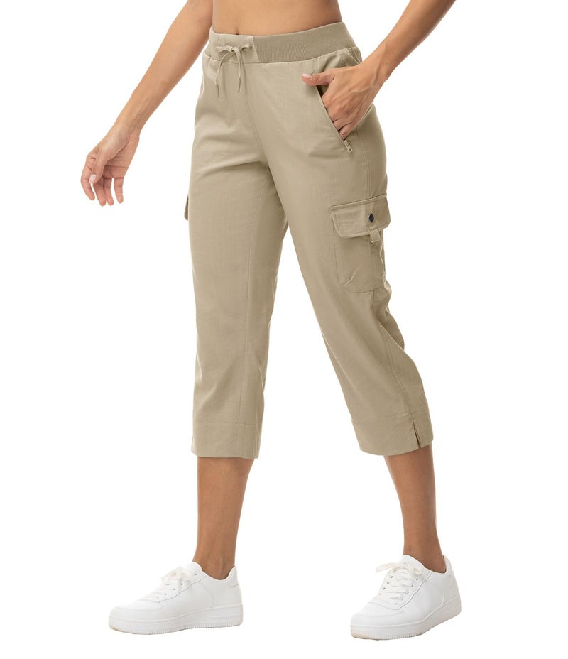 YSENTO Womens Cargo Hiking Joggers Casual Summer Travel Pants Quick Dry Travel Running Capris Zip Pockets Grey Khaki XL - Image 4