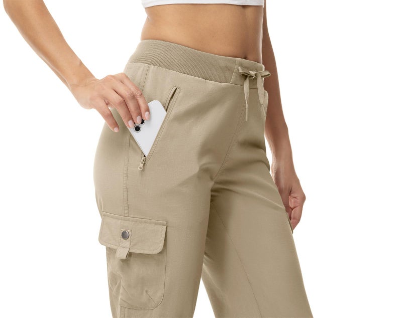 YSENTO Womens Cargo Hiking Joggers Casual Summer Travel Pants Quick Dry Travel Running Capris Zip Pockets Grey Khaki XL - Image 3