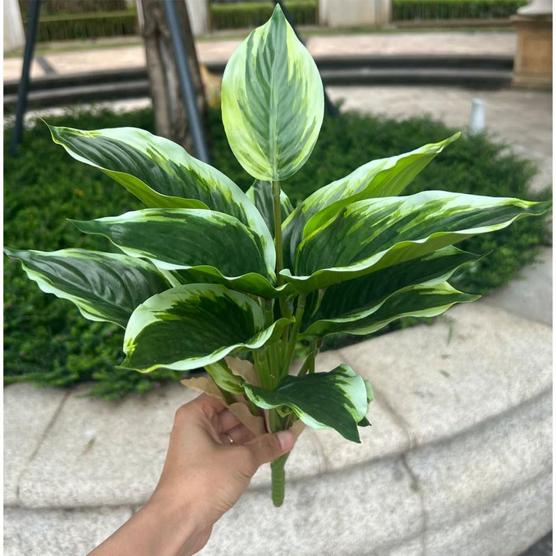 WAIFOMEI 4 Bushes Perennial Hosta Artificial Variegated Green Leave Plant 15.7" Faux Dieffenbachia Tropical Plant Outdoor Shrubs Indoor Yard Decor - Image 4