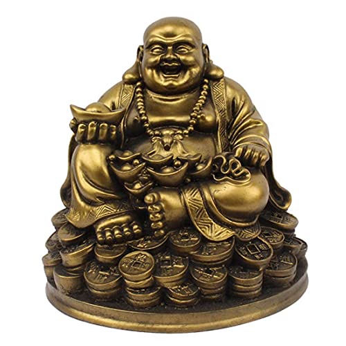Petrichor Resin Fengshui Figurine Laughing Buddha Sitting on Luck Money Coins Carrying Golden Ingot for Good Luck & Happiness (5 Inches,Gold, 1 Piece) - Home Deocration Gifting (Made in India) - Image 1