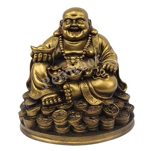 Petrichor Resin Fengshui Figurine Laughing Buddha Sitting on Luck Money Coins Carrying Golden Ingot for Good Luck & Happiness (5 Inches,Gold, 1 Piece) - Home Deocration Gifting (Made in India) - Image 2