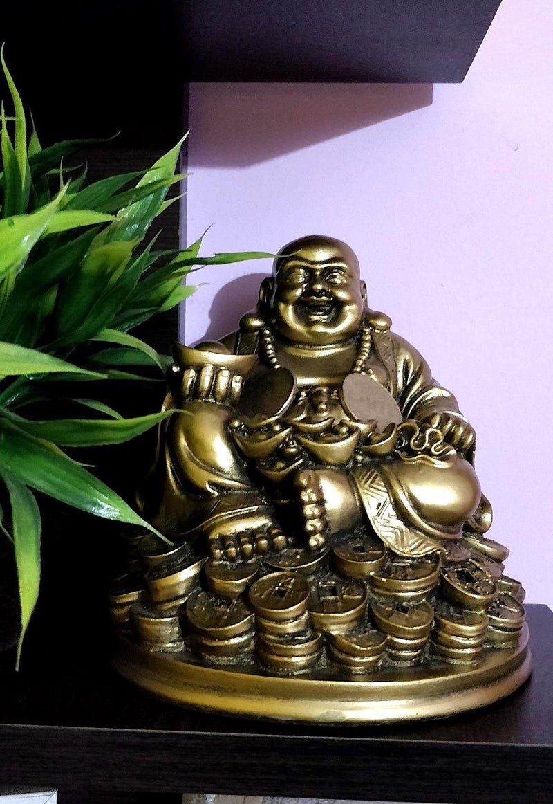 Petrichor Resin Fengshui Figurine Laughing Buddha Sitting on Luck Money Coins Carrying Golden Ingot for Good Luck & Happiness (5 Inches,Gold, 1 Piece) - Home Deocration Gifting (Made in India) - Image 5