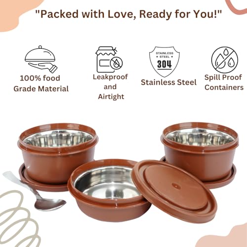KOI Insulated Lunch Box Set | 3 Inside Steel Containers (290ml, 450ml, 600ml) with BPA Free Lid | Leakproof Microwave Safe Tiffin | Adjustable Shoulder Strap Lunch Bag for Office Travel, Mempish Brown - Image 4