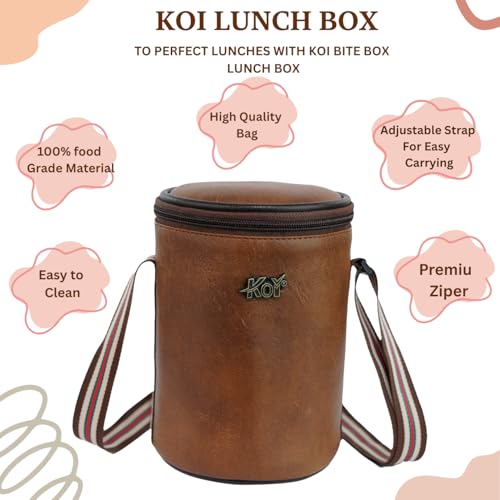 KOI Insulated Lunch Box Set | 3 Inside Steel Containers (290ml, 450ml, 600ml) with BPA Free Lid | Leakproof Microwave Safe Tiffin | Adjustable Shoulder Strap Lunch Bag for Office Travel, Mempish Brown - Image 5