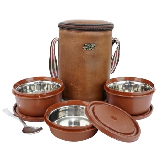 KOI Insulated Lunch Box Set | 3 Inside Steel Containers (290ml, 450ml, 600ml) with BPA Free Lid | Leakproof Microwave Safe Tiffin | Adjustable Shoulder Strap Lunch Bag for Office Travel, Mempish Brown - Image 1
