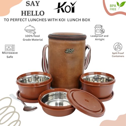 KOI Insulated Lunch Box Set | 3 Inside Steel Containers (290ml, 450ml, 600ml) with BPA Free Lid | Leakproof Microwave Safe Tiffin | Adjustable Shoulder Strap Lunch Bag for Office Travel, Mempish Brown - Image 2