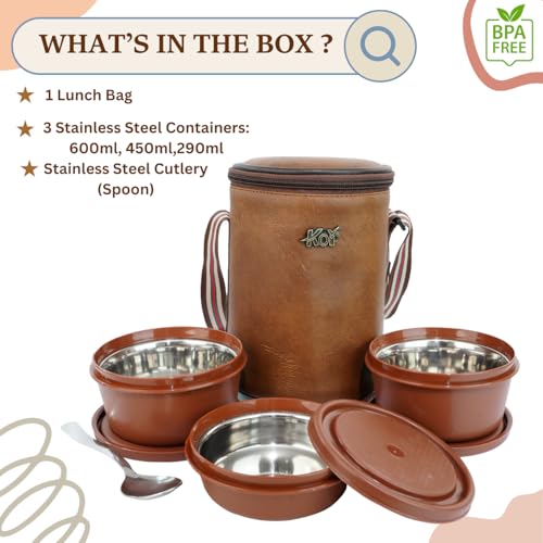 KOI Insulated Lunch Box Set | 3 Inside Steel Containers (290ml, 450ml, 600ml) with BPA Free Lid | Leakproof Microwave Safe Tiffin | Adjustable Shoulder Strap Lunch Bag for Office Travel, Mempish Brown - Image 3