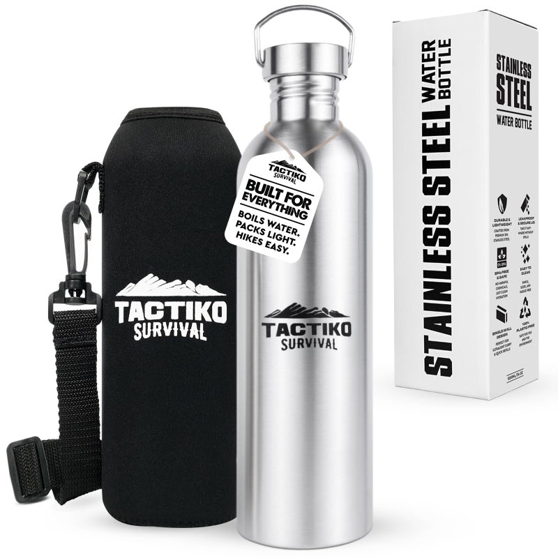 Tactiko Survival 51 oz/1500 ml Stainless Steel Wide Mouth Water Bottle, Single Wall Boil-Safe, Leakproof, BPA-Free with Carry Sleeve and Strap for Camping, Hiking, Outdoor Prep (Black) - Image 1