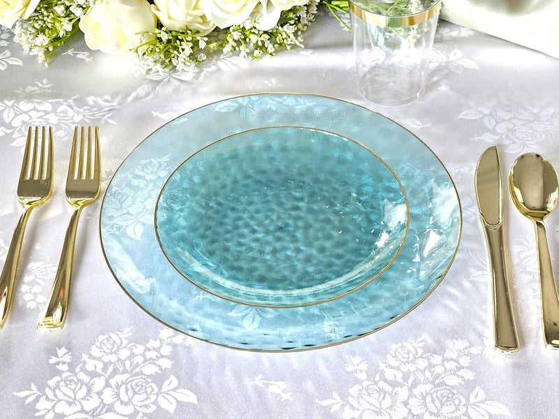 OCCASIONS FINEST PLASTIC TABLEWARE " OCCASIONS " 50 Plates Pack (25 Guests)-Heavyweight Wedding Party Disposable Plastic Plate Set -25 x 10'' Dinner + 25 x 7'' Salad/dessert plates (Coastal Clear Blue & Gold) - Image 5