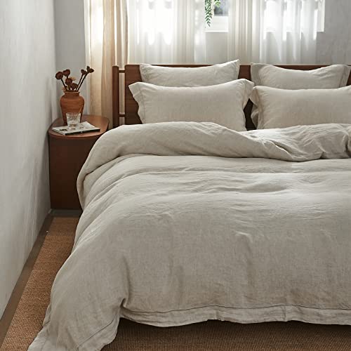 Simple&Opulence 100% Washed Linen Duvet Cover with Embroidered, 3 Pieces Soft Farmhouse Comforter Set with Button Closure,1 Duvet Cover and 2 Pillowshams (California King,Natural Linen) - Image 1