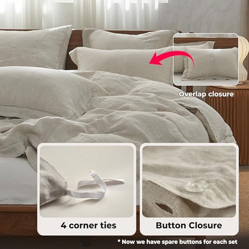 Simple&Opulence 100% Washed Linen Duvet Cover with Embroidered, 3 Pieces Soft Farmhouse Comforter Set with Button Closure,1 Duvet Cover and 2 Pillowshams (California King,Natural Linen) - Image 5