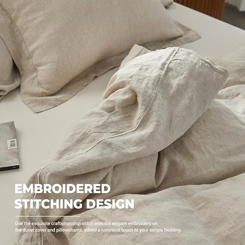 Simple&Opulence 100% Washed Linen Duvet Cover with Embroidered, 3 Pieces Soft Farmhouse Comforter Set with Button Closure,1 Duvet Cover and 2 Pillowshams (California King,Natural Linen) - Image 4