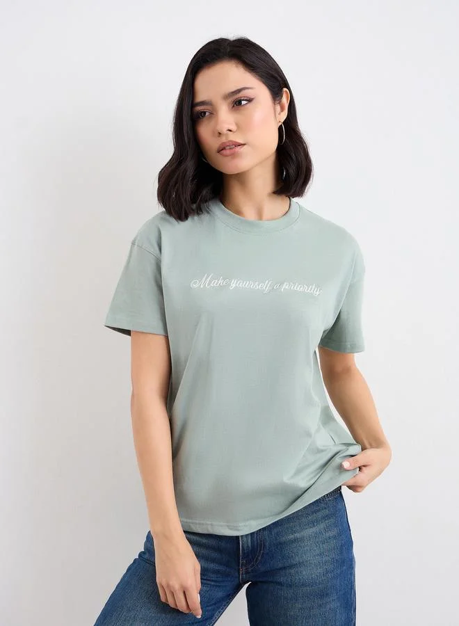 Styli Styli Embroidered Slogan Boxy Fit T-Shirt
