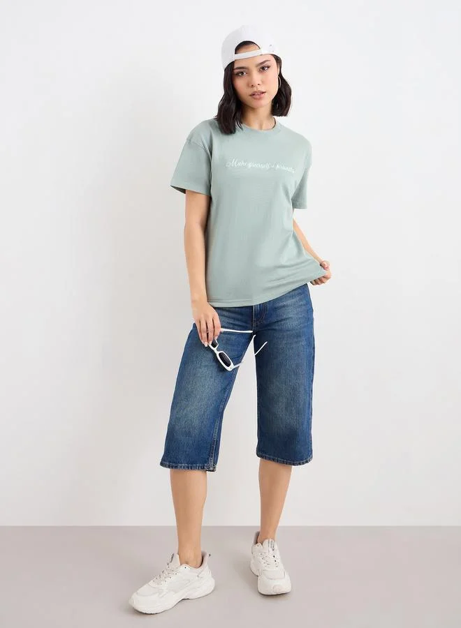 Styli Styli Embroidered Slogan Boxy Fit T-Shirt