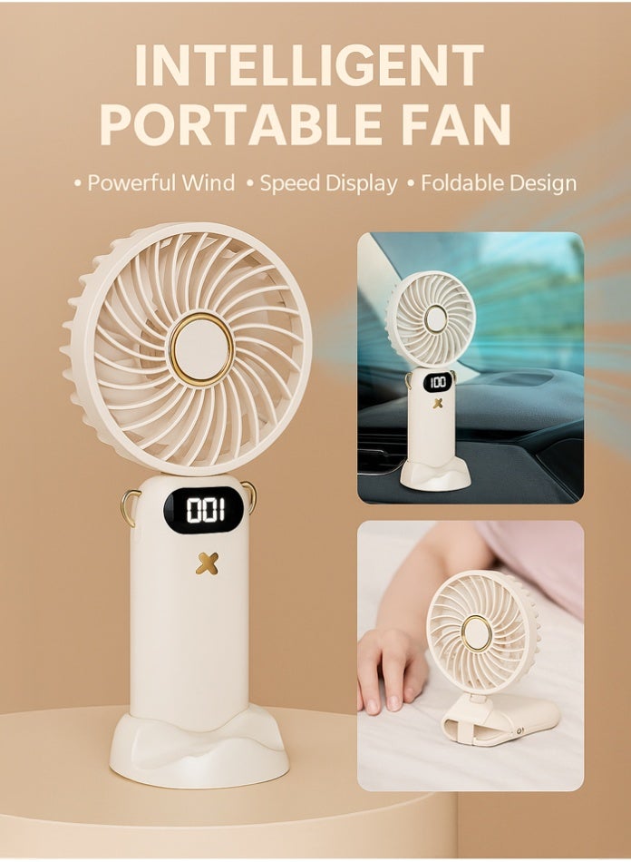 Rechargeable Portable Desk Fan with LED Display – Foldable Mini USB Fan with 5 Speed Settings, 8-Hour Battery, Adjustable Angle – Handheld & Standing Table Fan for Home, Office, Travel, Outdoor