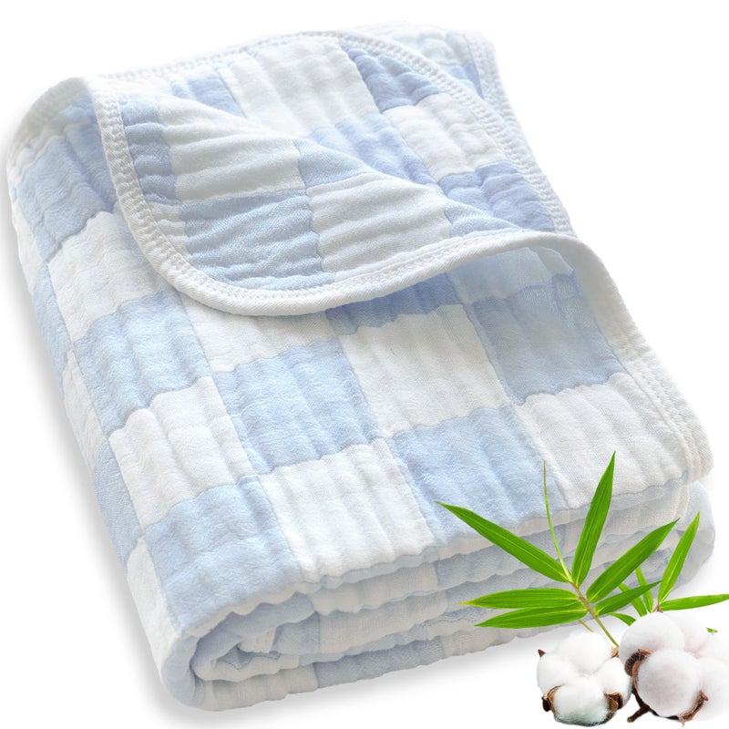 BEILIMU Muslin Baby Blankets for Boys Girls, 70% Cotton and 30% Rayon Blanket for Infant Toddler, Super Soft and Lightweight Blankets with Checkerboard Design Blue 43 x 43 Inches - Image 1
