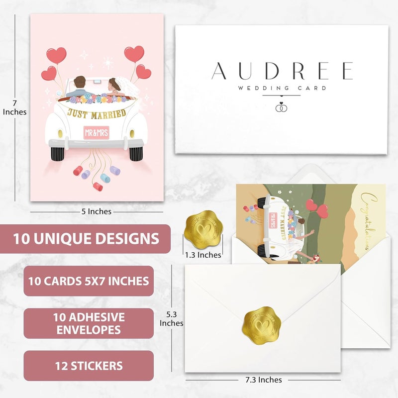 AUDREE أودري 10 بطاقات زفاف حديثة من ورق الذهب للعروس والعريس مع أظرف (5 × 7 بوصة) - بطاقات تهنئة متنوعة لحفلة الزفاف، الخطوبة، المتزوجين حديثًا، تهاني الزفاف - Image 2